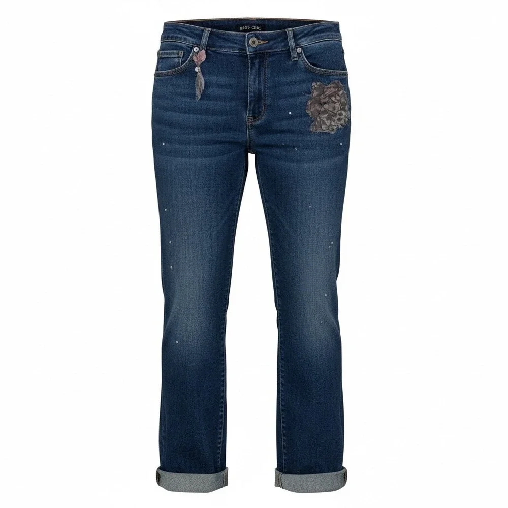 Boho Chic Embellished Denim Jeans Blue Floral Rhinestone Tassel Cuff Women's - Picture 3 of 16